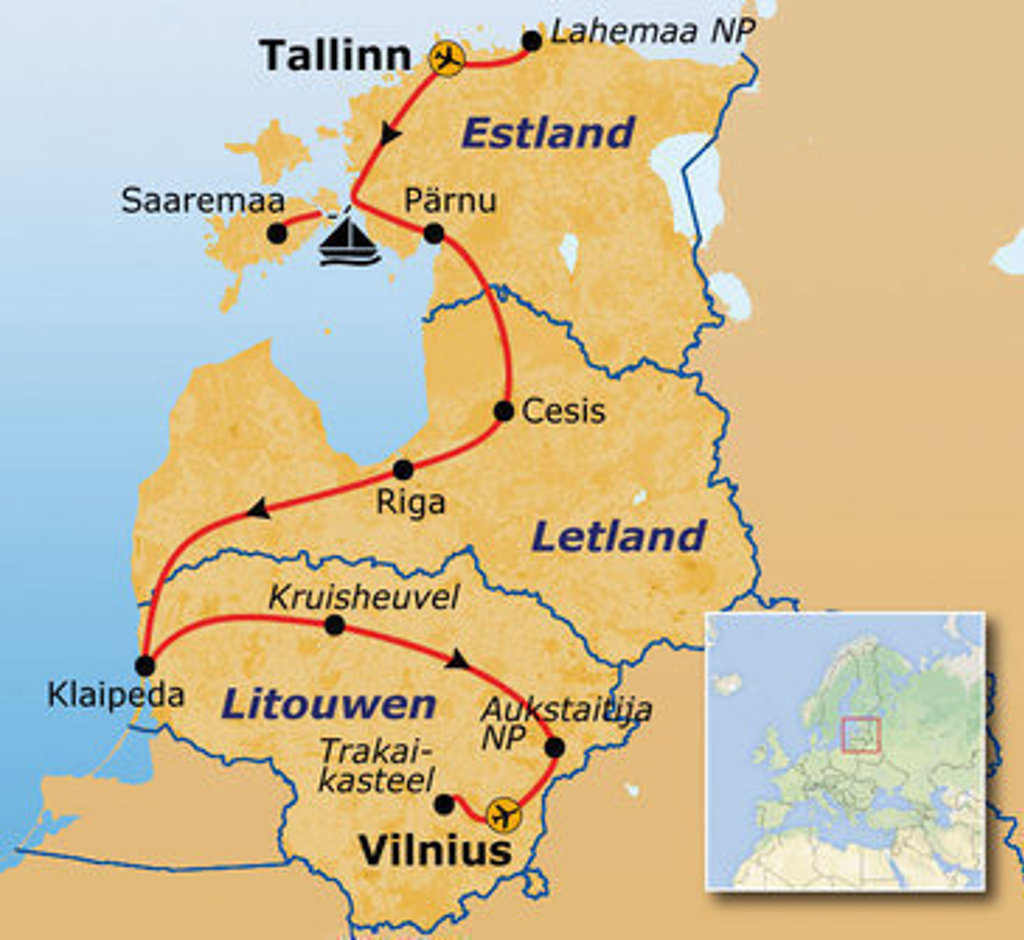 Routekaart Baltische Staten met reisroute via Tallinn, Riga en Vilnius, inclusief Saaremaa en Klaipėda.