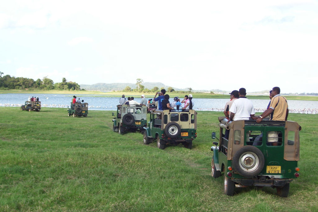 Jeep-safari met groep reizigers langs een meer in Sri Lanka tijdens een groepsrondreis.