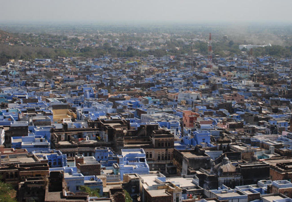 Panorama over de blauwe huizen van Jodhpur in Noord-India tijdens de groepsrondreis Noord-India Compleet.