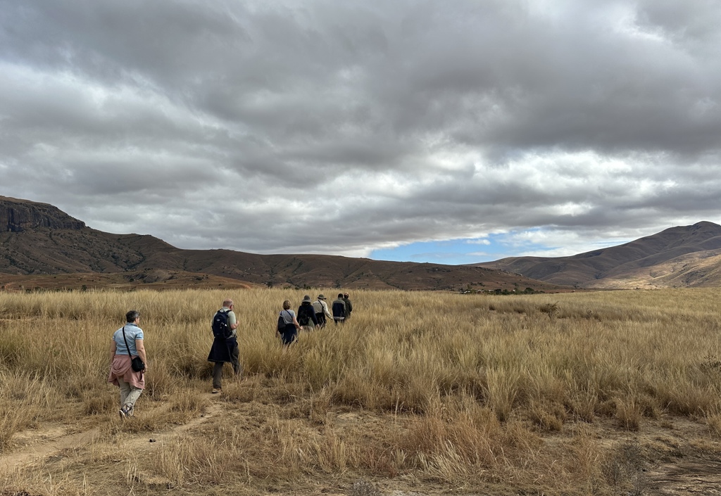 Wandelaars tijdens groepsrondreis Madagascar door savannelandschap met heuvels onder dreigende wolkenlucht.