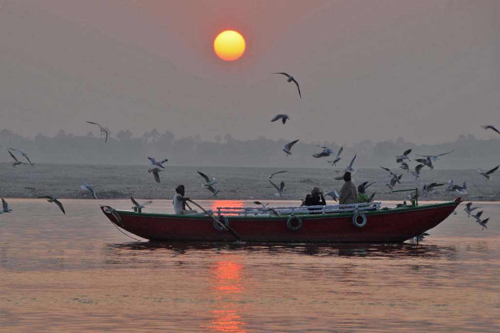 Boot op de Ganges bij zonsopgang met meeuwen, tijdens groepsrondreis Noord-India en Nepal.