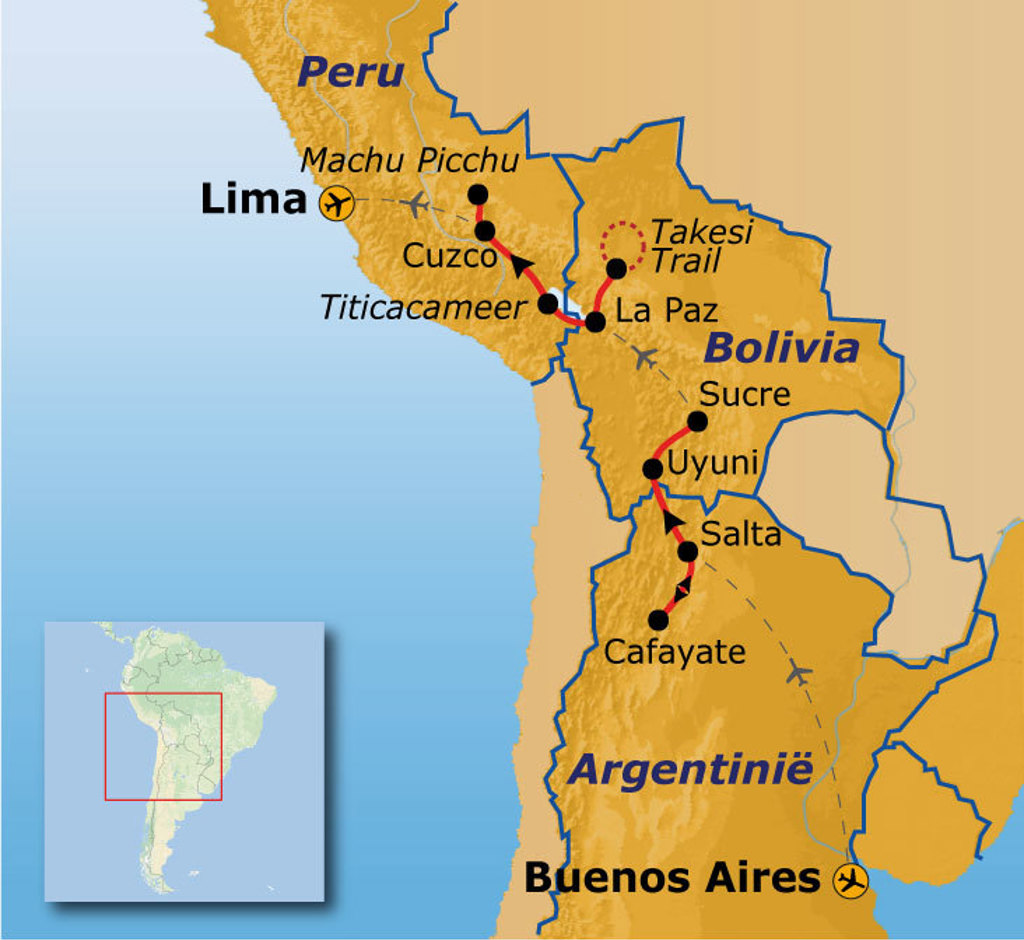 Routekaart Argentinië, Bolivia en Peru met reisroute langs Buenos Aires, Salta, Uyuni, La Paz, Cusco, Machu Picchu en Lima.