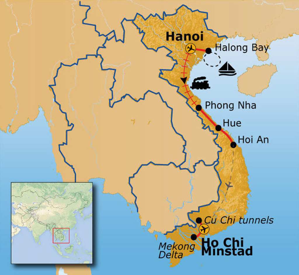 Routekaart Vietnam met reisroute langs Hanoi, Halong Bay, Phong Nha, Hue, Hoi An en Ho Chi Minhstad.