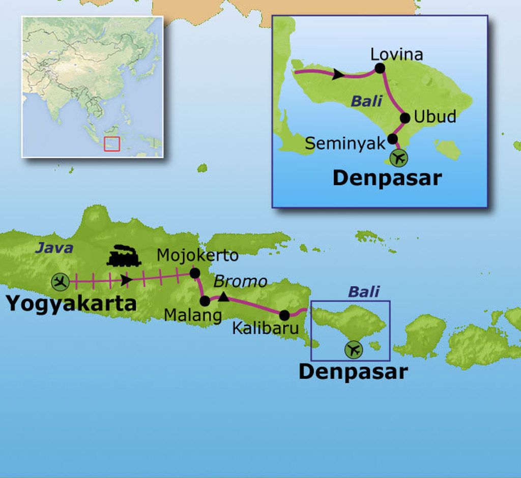 Routekaart Java en Bali met reisroute via Yogyakarta, Malang, Bromo, Kalibaru, Ubud, Lovina en Seminyak.