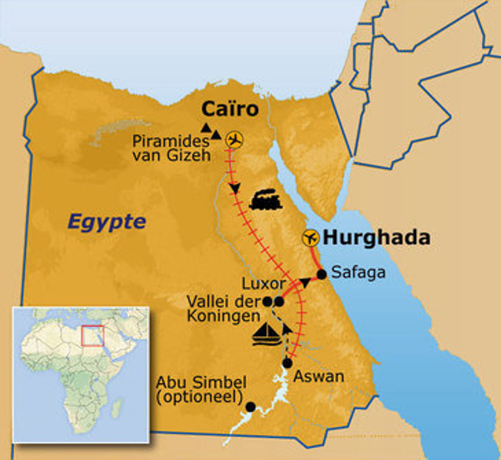 Routekaart Egypte met reisroute langs Caïro, Gizeh, Luxor, Aswan en Hurghada, met optionele stop Abu Simbel.