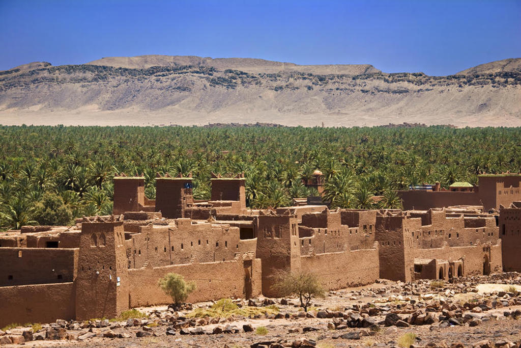 Leemkleurige kasbah aan een groene palmoase met bergen op de achtergrond in Marokko.