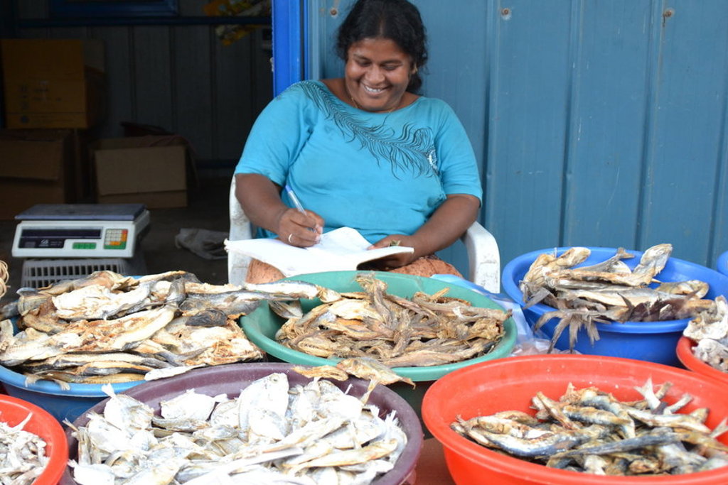 Vrouw op een markt in Sri Lanka noteert bestellingen tussen schalen met gedroogde vis.