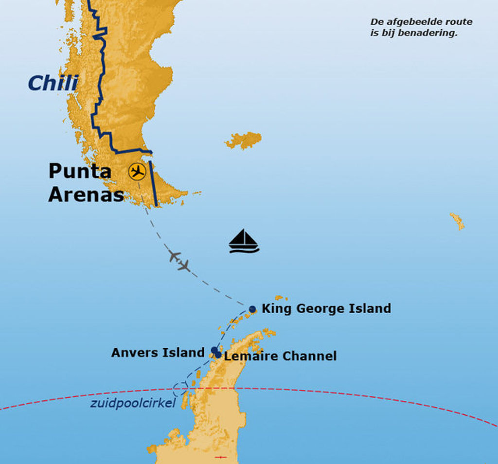 Routekaart Antarctica Crossing the Circle: van Punta Arenas naar King George Island, Anvers Island en Lemaire Channel.