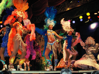 Samba-dansers in kleurrijke veren kostuums tijdens een show in Brazilië.