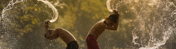 Kinderen spelen in een rivier in Vietnam en maken grote waterspetters tijdens een familiereis.