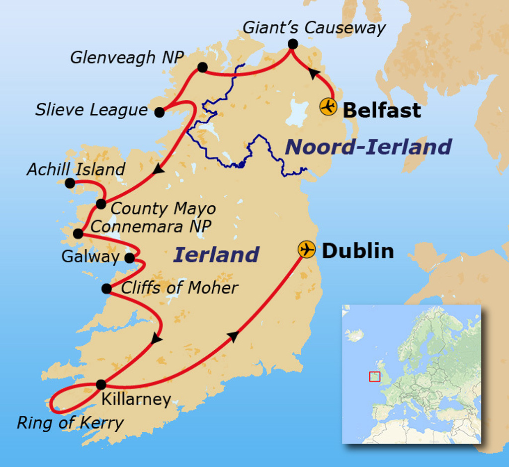 Routekaart Noord-Ierland en Ierland met stops in Belfast, Dublin, Galway, Cliffs of Moher en Giant’s Causeway.