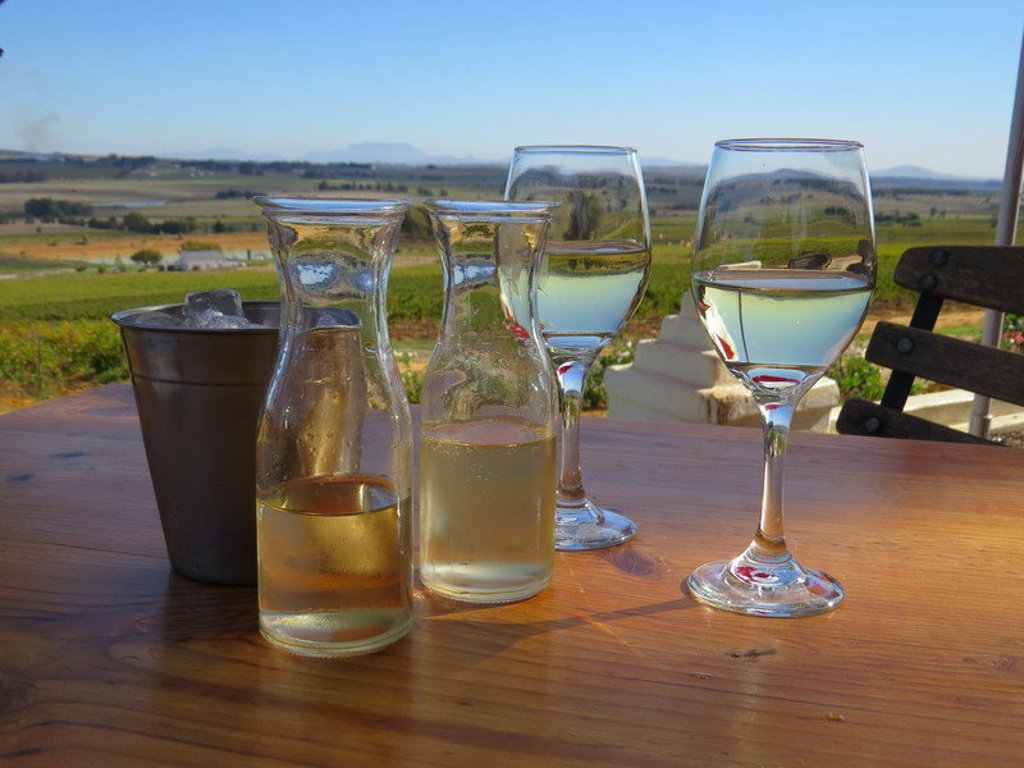 Wijnproeverij in Zuid-Afrika met glazen witte wijn op tafel en uitzicht over wijngaarden.