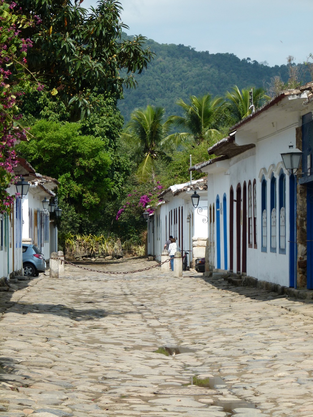 Geplaveide straat met witte koloniale huizen en palmbomen in Paraty, Brazilië, tijdens familiereis Argentinië en Brazilië.