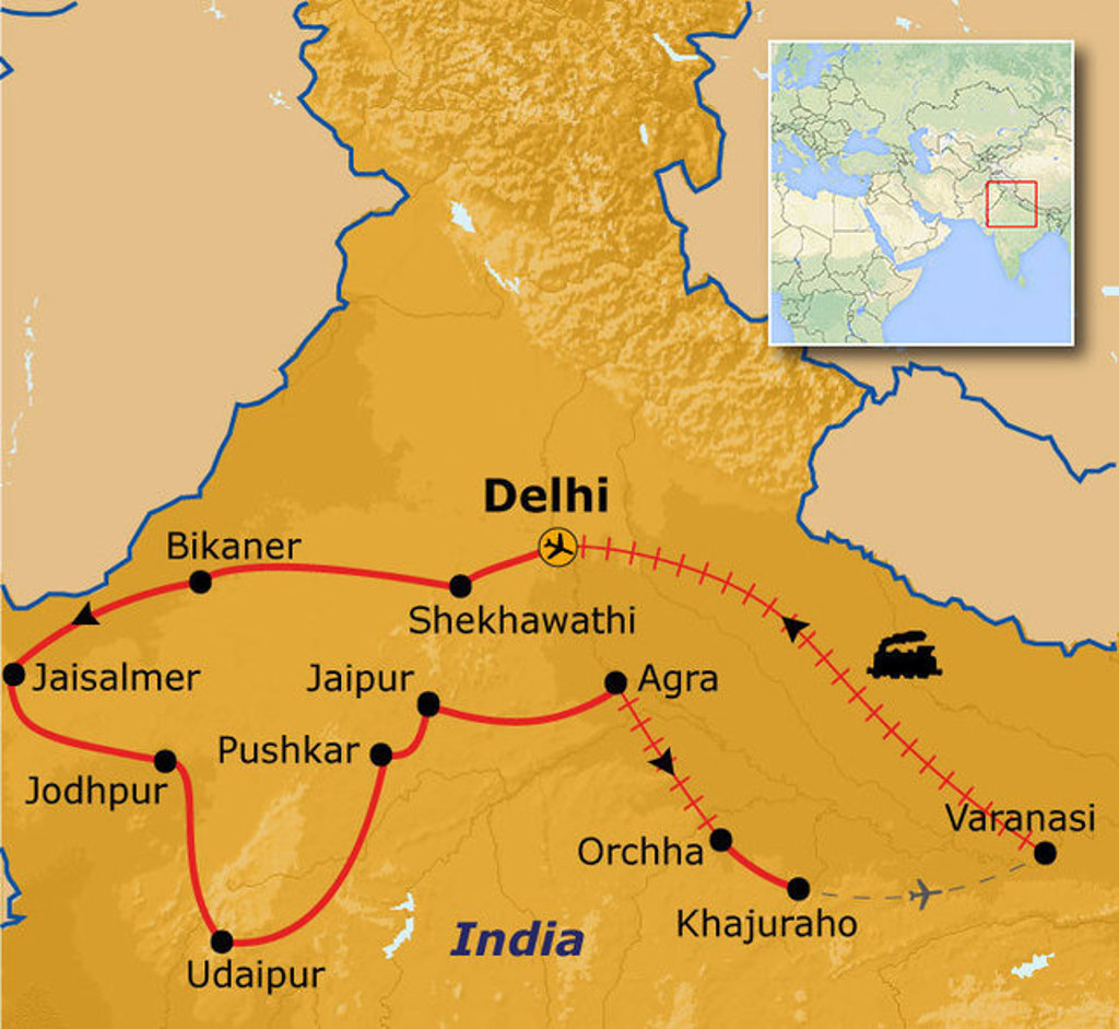 Routekaart Noord-India rondreis met stops in Delhi, Agra, Jaipur, Jodhpur, Udaipur, Varanasi en Jaisalmer.