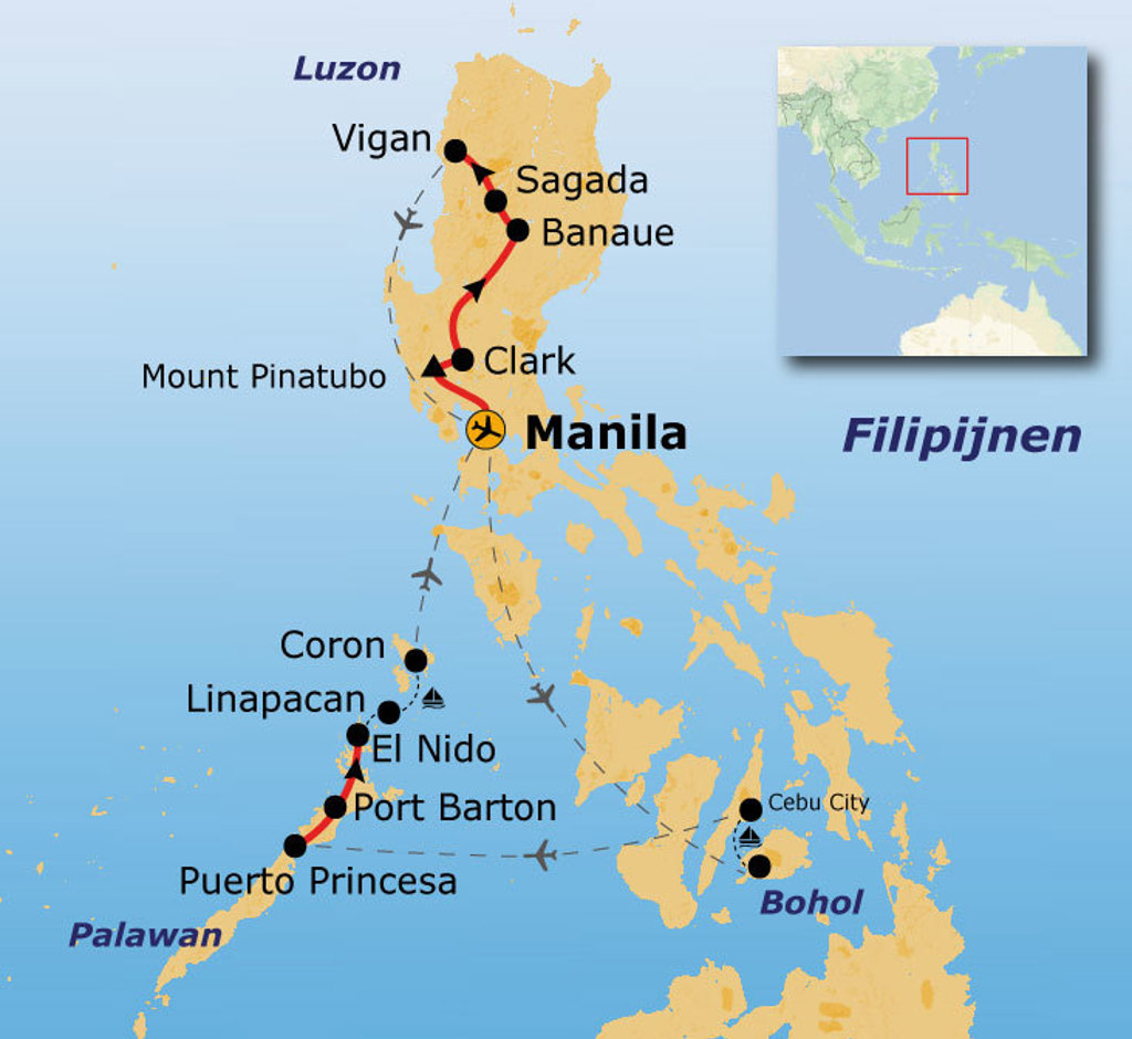 Routekaart Filipijnen met reisroute via Manila, Vigan, Sagada, Banaue, Palawan (El Nido) en Bohol.