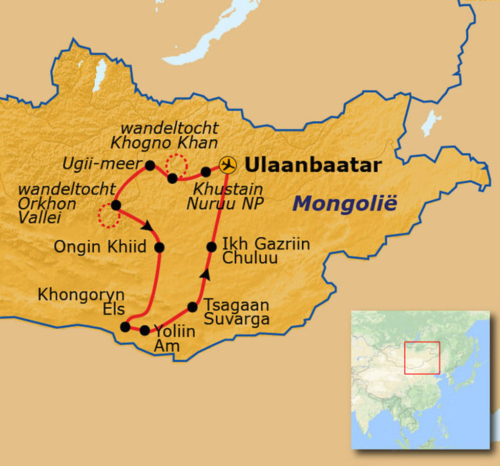 Routekaart Route 1 Mongolië Naadam festivalreis met traject via Ulaanbaatar, Khustain Nuruu NP, Gobi en Orkhon Vallei.