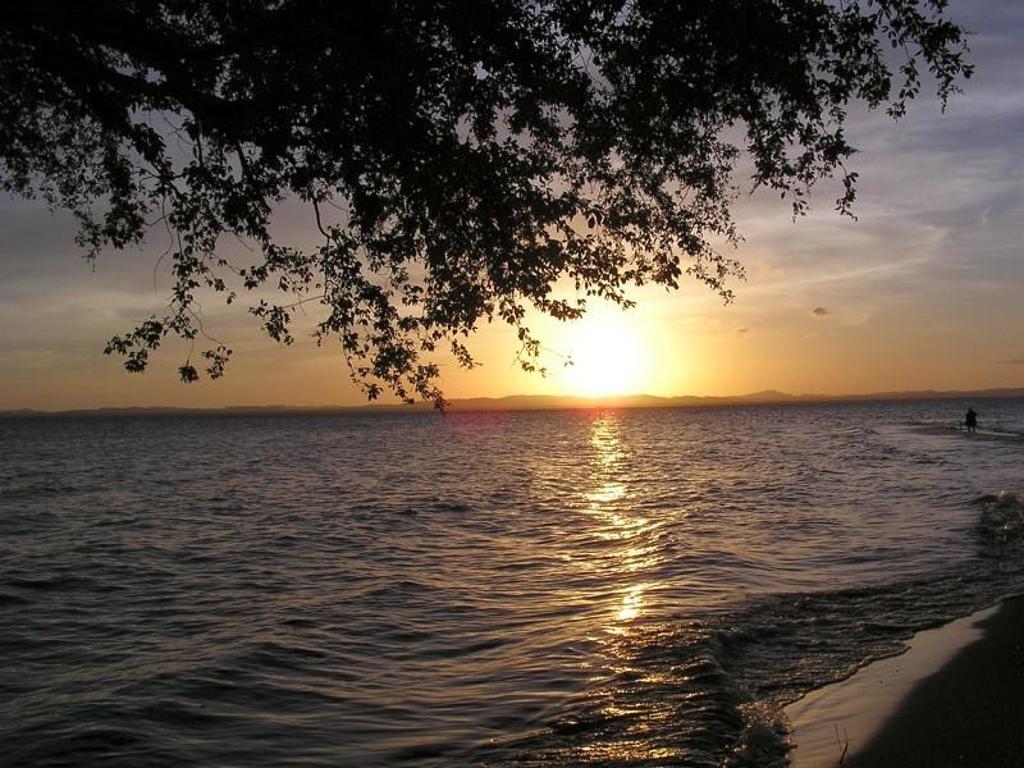 Zonsondergang boven het meer met boomtakken op de voorgrond tijdens 22-35ers reis Costa Rica.