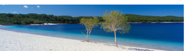 Wit zandstrand en helderblauwe zee bij Lake McKenzie op Fraser Island, Australië.