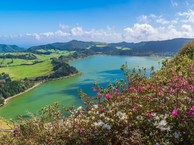 Uitzicht op Lagoa do Fogo op São Miguel, Azoren, met groenblauw kratermeer en bloeiende struiken.