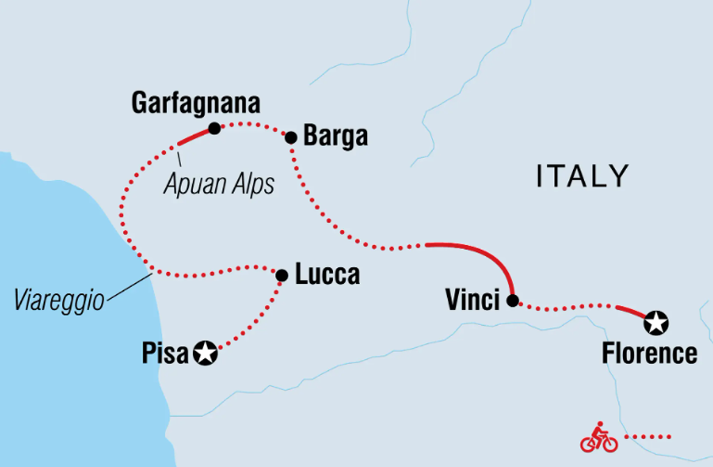 Routekaart 8-daagse fietsreis door Toscane met Florence, Vinci, Lucca, Pisa, Barga en Garfagnana.