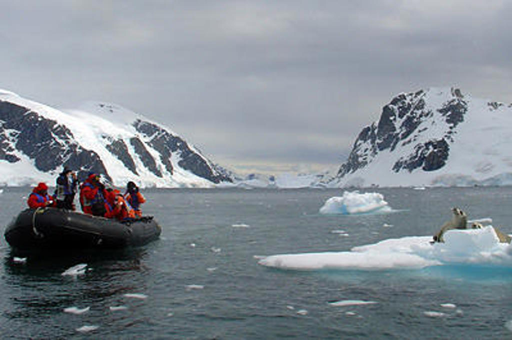 Zodiac met expeditiegroep vaart tussen ijsbergen langs besneeuwde bergen in Antarctica, met een zeehond op een ijsschots.