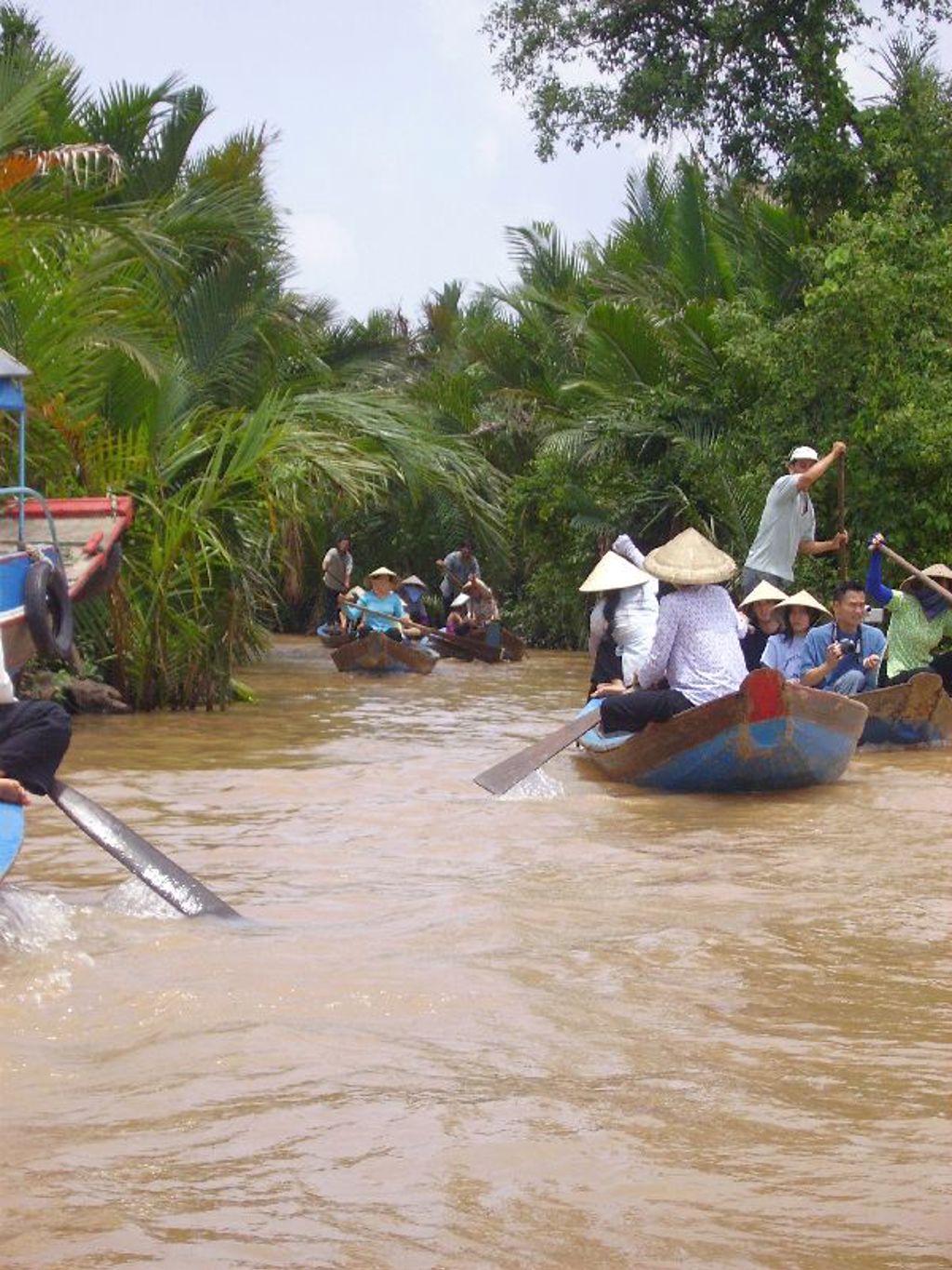 Groepsrondreis Vietnam: boottocht door de Mekongdelta langs palmen en smalle waterwegen.