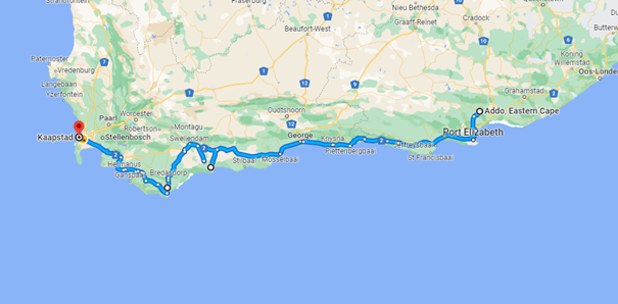 Kaart met route langs de Garden Route in Zuid-Afrika, van Kaapstad naar Addo bij Port Elizabeth.