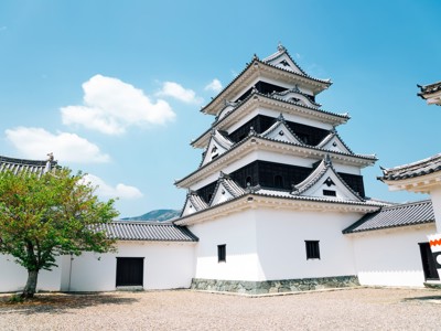 Traditioneel Japans kasteel met witte muren en zwarte daken onder een blauwe lucht, onderdeel van de route Japan.