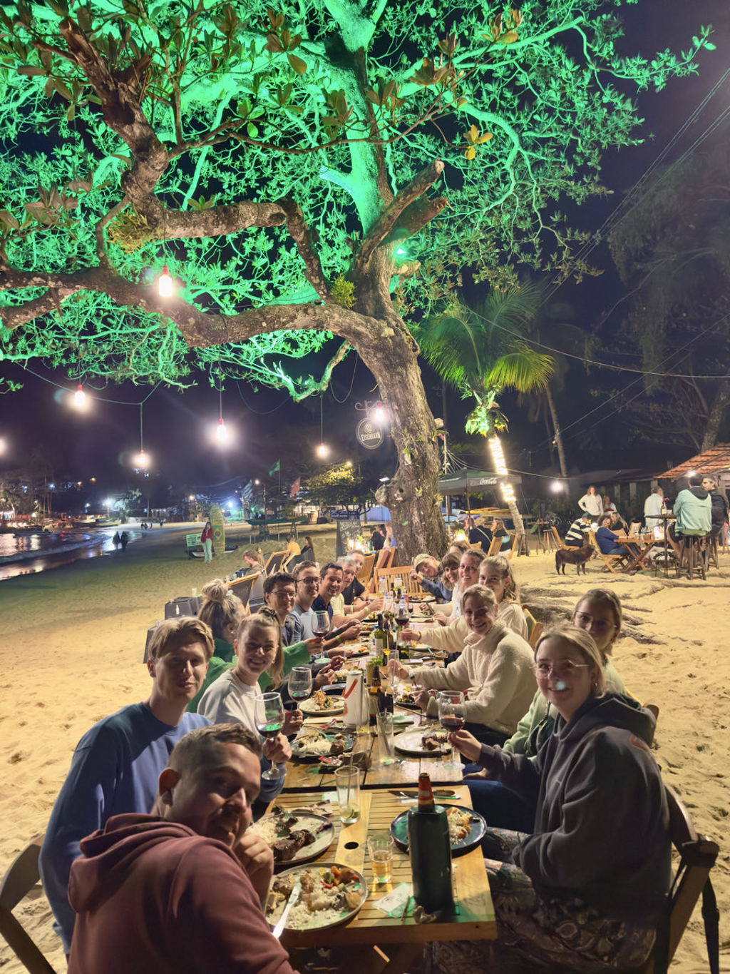 Groep 22-35ers geniet van diner aan lange tafel op het strand in Brazilië, verlicht door lampjes.