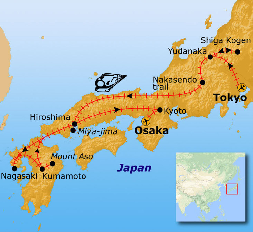 Routekaart Japan 21-22 dagen met reisroute langs Tokyo, Kyoto, Osaka, Hiroshima, Nagasaki en Mount Aso.