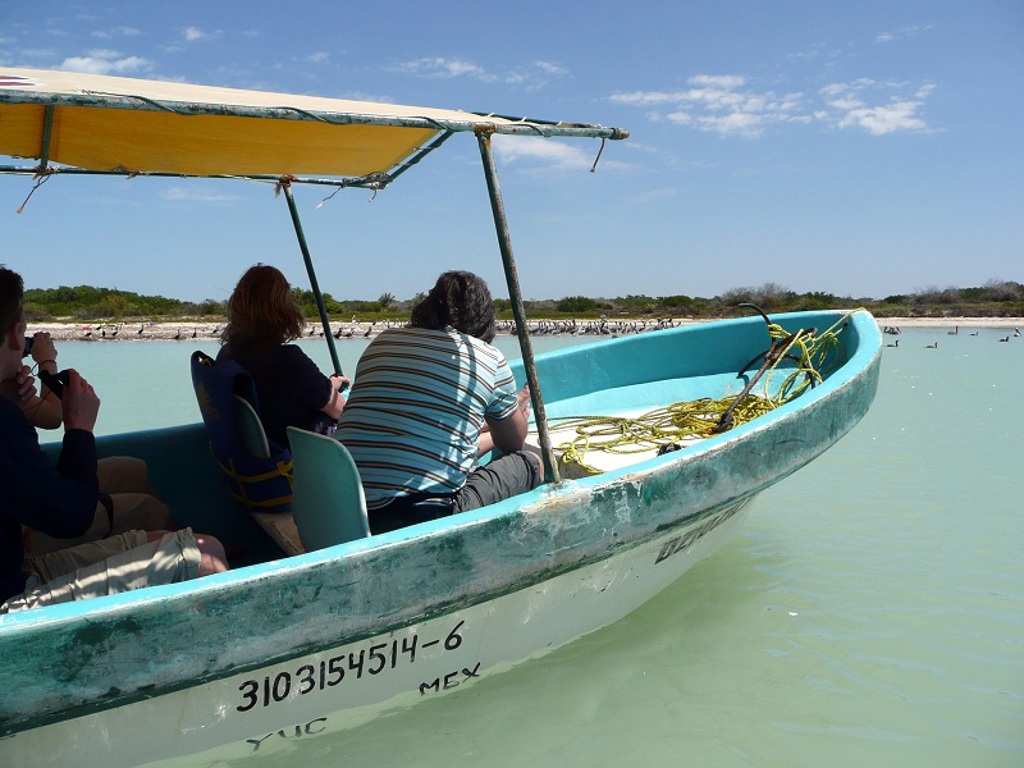 Groepsrondreis Mexico: reizigers in een boot op een lagune, met vogels langs de kust.