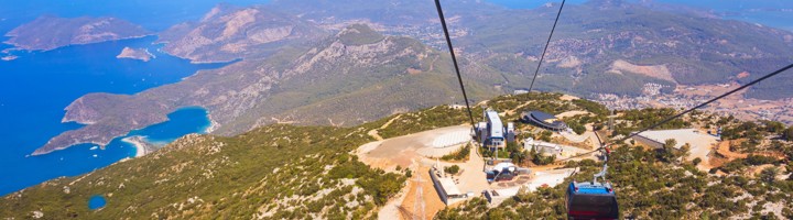 Kabelbaan naar de top van de Babadag met uitzicht over de kust en zee bij Ölüdeniz, Turkije.