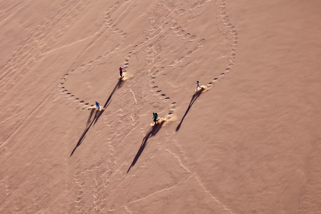 Vier reizigers sandboarden van een hoge zandduin tijdens de 22-35ers reis Zuidelijk Afrika.