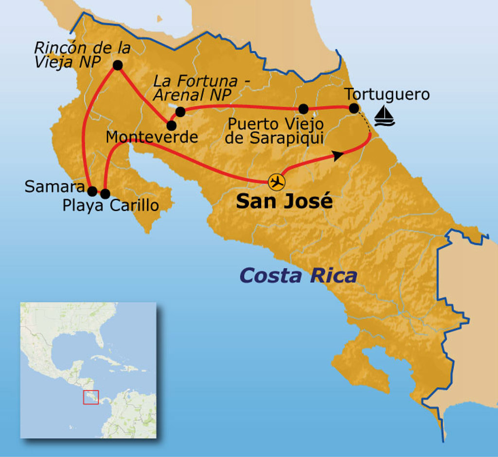 Routekaart Costa Rica met reisroute via San José, Tortuguero, Monteverde, La Fortuna/Arenal en Samara.