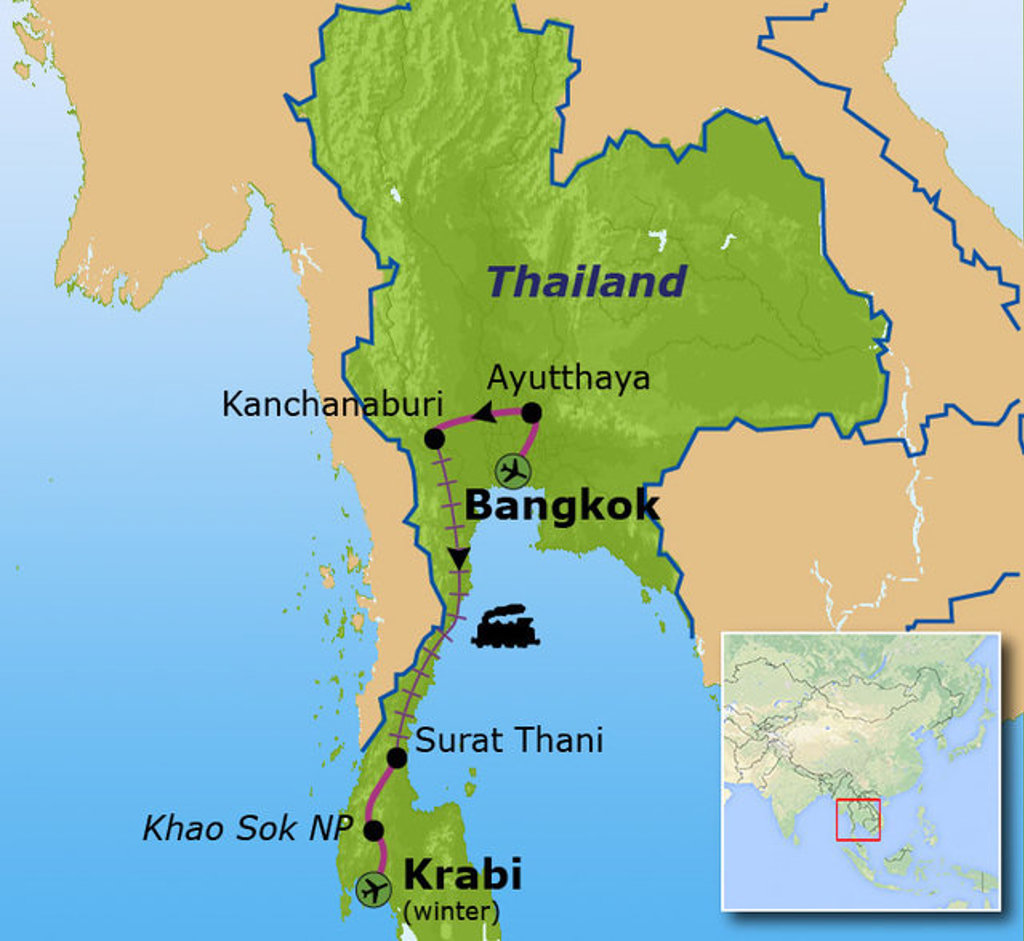 Routekaart Thailand met reisroute langs Bangkok, Ayutthaya, Kanchanaburi, Surat Thani, Khao Sok NP en Krabi.