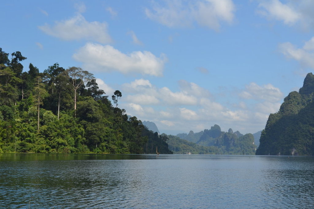 Groen regenwoud langs een rustig meer met heuvels op de achtergrond, tijdens de groepsrondreis Singapore, Maleisië & Thailand.