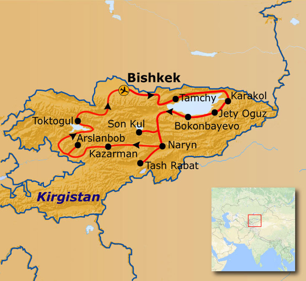 Routekaart Kirgistan met reisroute via Bishkek, Son Kul, Naryn, Tash Rabat, Karakol en Jety Oguz.