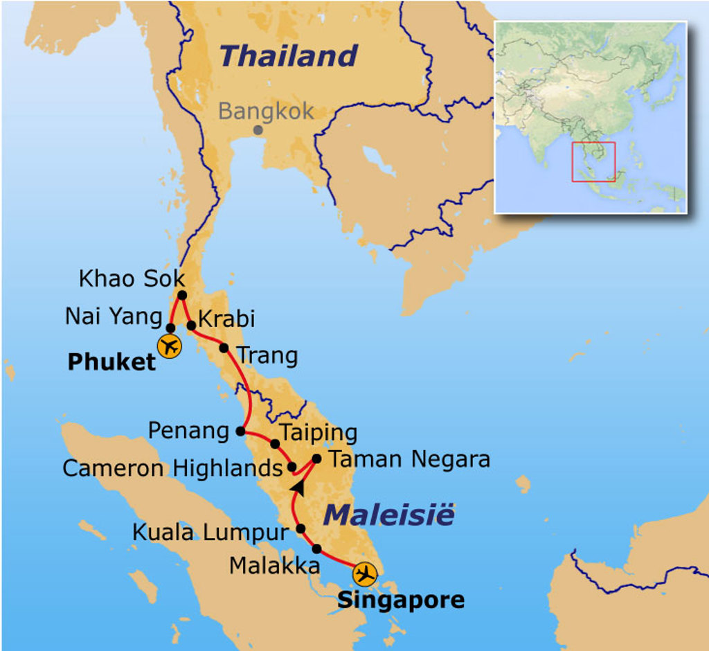 Routekaart Singapore, Maleisië en Thailand met reisroute via o.a. Kuala Lumpur, Penang, Krabi, Phuket en Bangkok.