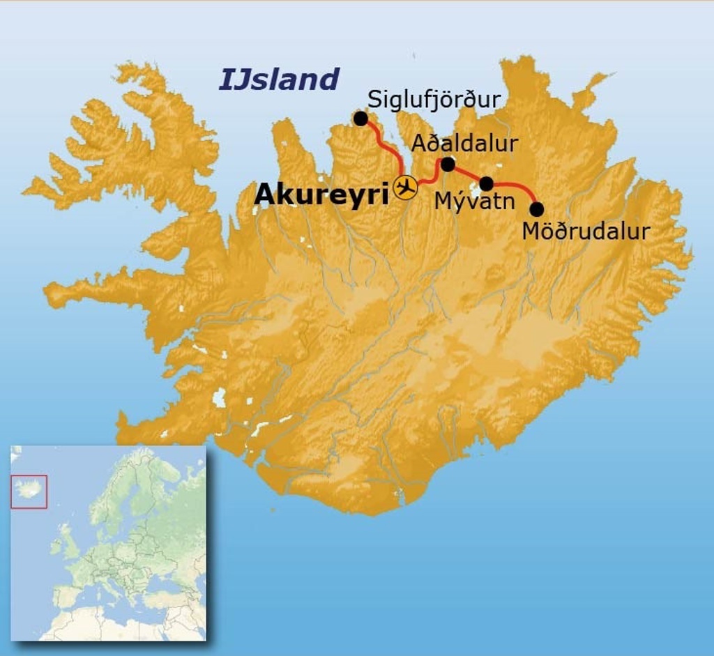 Routekaart Noord-IJsland met reisroute langs Akureyri, Siglufjörður, Aðaldalur, Mývatn en Möðrudalur.