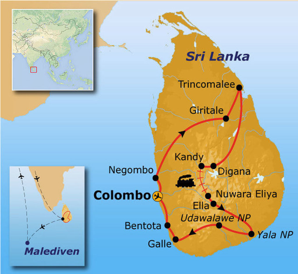 Routekaart Sri Lanka en Malediven met reisroute langs Colombo, Kandy, Ella, Yala NP, Galle en Trincomalee.