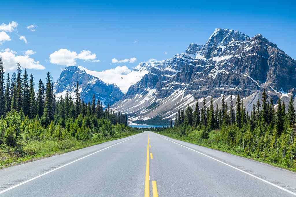 Weg door de Canadese Rockies met besneeuwde bergtoppen en naaldbos, Canada West familiereis.