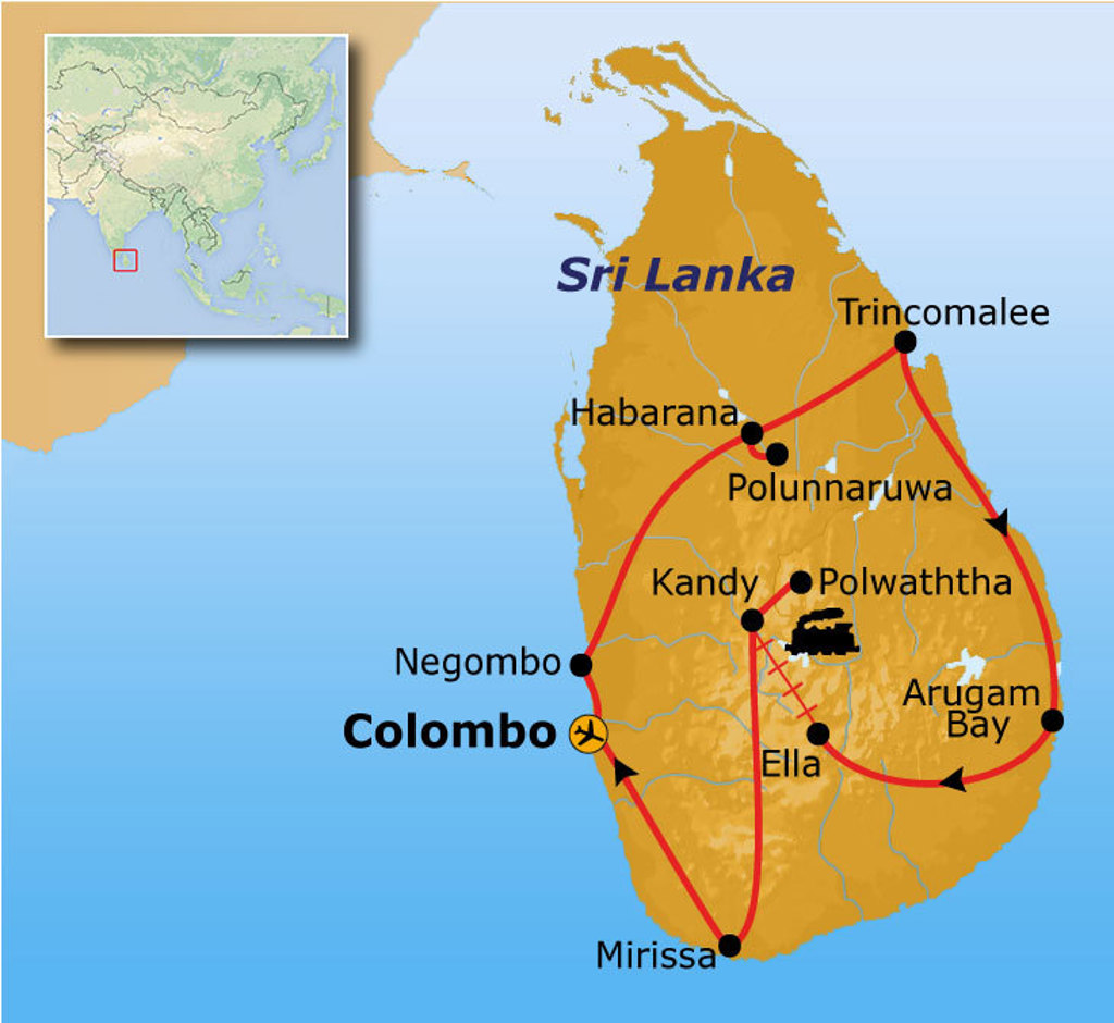 Routekaart Sri Lanka met reisroute langs Colombo, Kandy, Ella, Arugam Bay, Trincomalee, Polonnaruwa en Mirissa.
