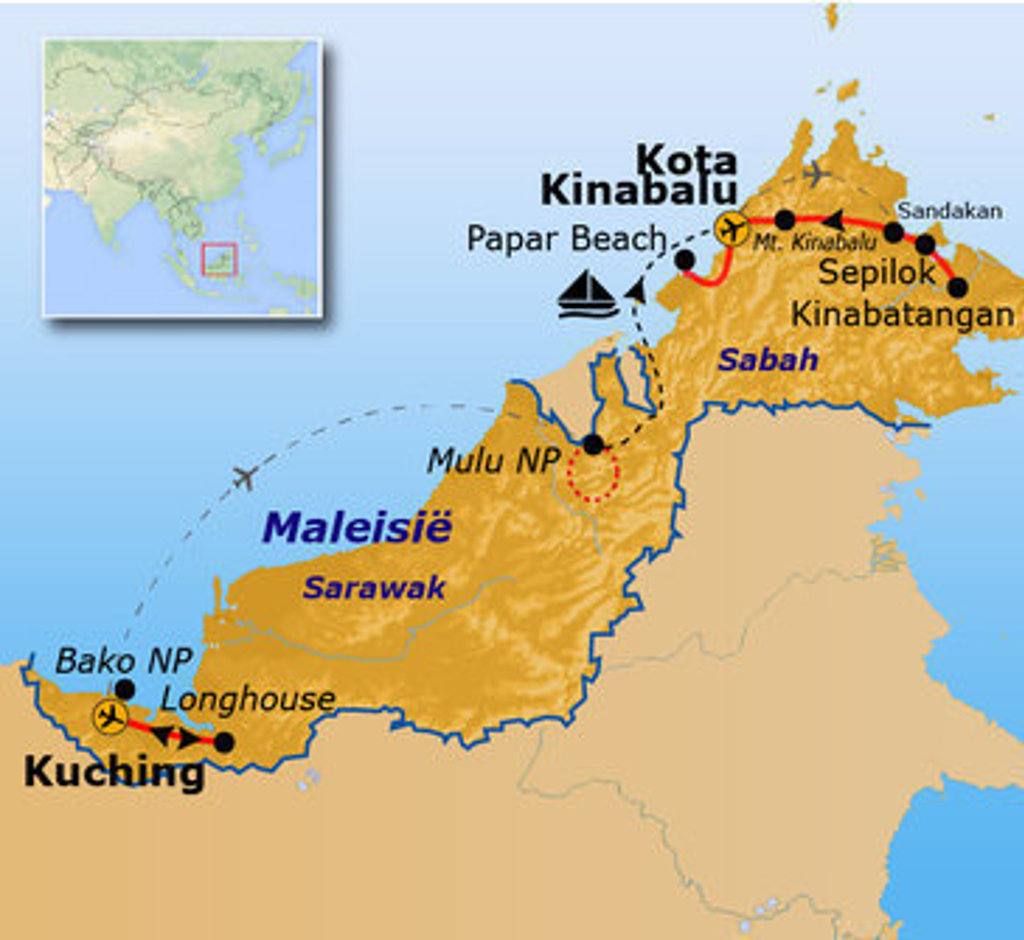 Routekaart Maleisisch Borneo met reisroute langs Kuching, Mulu NP, Kota Kinabalu, Sepilok en Kinabatangan.