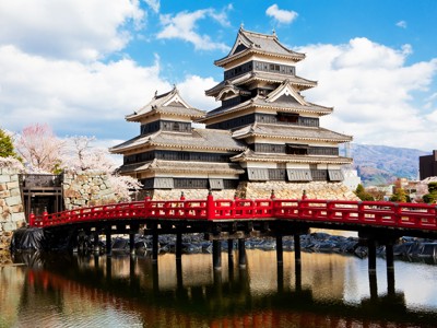 Matsumoto-kasteel in Japan met rode brug en kersenbloesem langs het water.