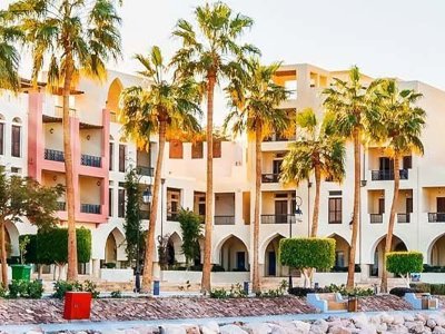 Palmbomen langs de boulevard aan de Rode Zee in Aqaba, Jordanië.