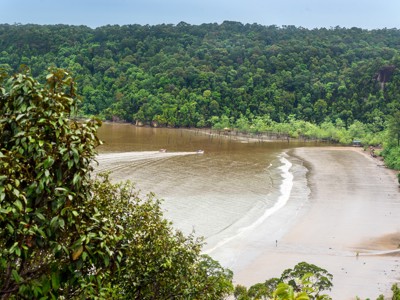 Uitzicht op een brede riviermonding en zandstrand, omringd door dicht regenwoud op Maleisisch Borneo.