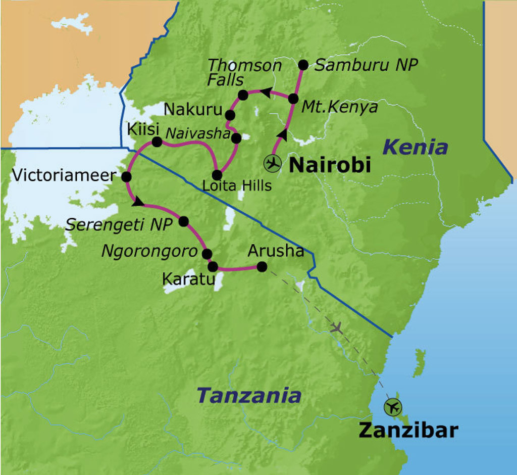 Routekaart Kenia, Tanzania en Zanzibar met Nairobi, Samburu NP, Serengeti, Ngorongoro, Arusha en Zanzibar.