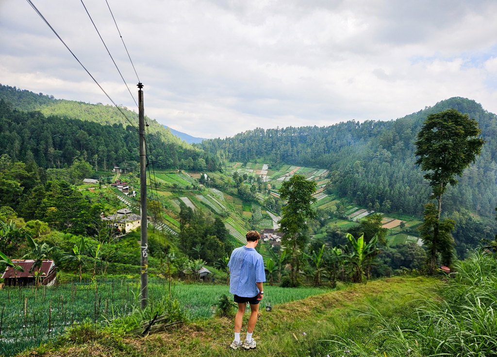Wandelaar kijkt uit over groene rijstterrassen en berglandschap tijdens familiereis Sumatra, Java en Bali.