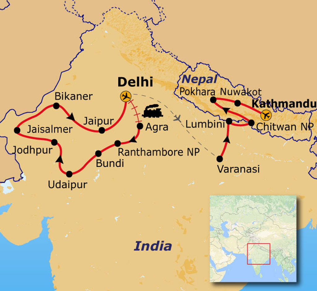 Routekaart Noord-India en Nepal met reisroute via o.a. Delhi, Jaipur, Agra, Varanasi, Kathmandu en Pokhara.