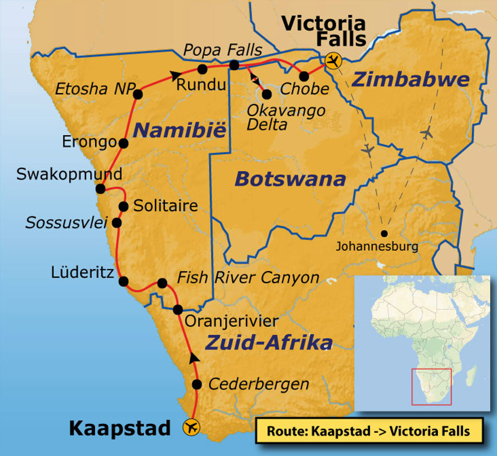 Routekaart Kaapstad naar Victoria Falls via Namibië, Botswana en Zimbabwe, met stops zoals Etosha NP en Okavango Delta.